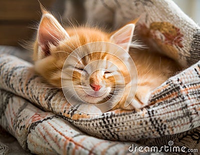 A cuddly ginger kitten nestles in a cozy blanket, peacefully dozing off with a contented purr Stock Photo