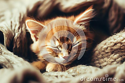 A cuddly ginger kitten nestles in a cozy blanket, peacefully dozing off with a contented purr. Stock Photo