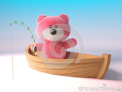 Cuddly pink fluffy teddy bear character is fishing from a dinghy boat, 3d illustration Cartoon Illustration