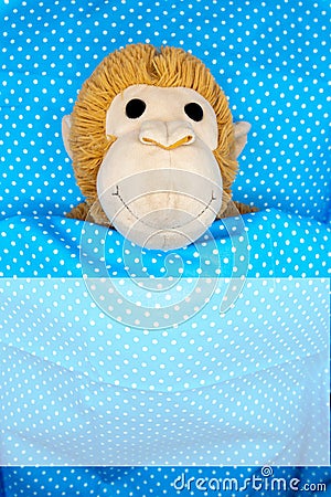 Cuddly toy monkey in bed under a blue duvet with white dots as motif for congratulations card with copy space for text Stock Photo