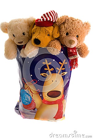 Cuddly toys in a christmas sack Stock Photo