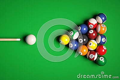 Cue aim billiard snooker pyramid on green table. Cartoon Illustration