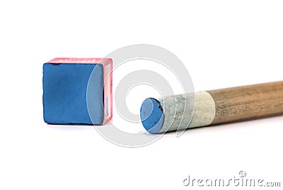 Cue stick with chalk block. Stock Photo