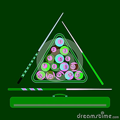 cue sticks with billiard balls in a rack. Vector illustration decorative design Vector Illustration