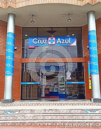 CUENCA, ECUADOR - DECEMBER 23, 2023: Cruz Azul - ecuadorian pharmacy facade Editorial Stock Photo