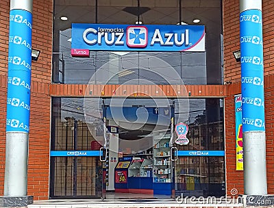 CUENCA, ECUADOR - DECEMBER 23, 2023: Cruz Azul - ecuadorian pharmacy facade Editorial Stock Photo