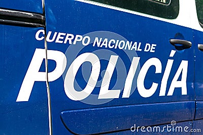 Cuerpo Nacional de Policia, National Police Corps, sign on the vehicle of spanish national civilian police force Editorial Stock Photo