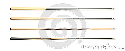 Cues for billiard, snooker realistic templates. Wooden sticks with various design for cuesports. Vector Cartoon Illustration