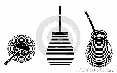 Cuia with Bombilia, water and Yerba mate for terere. Black fill. Vector Illustration