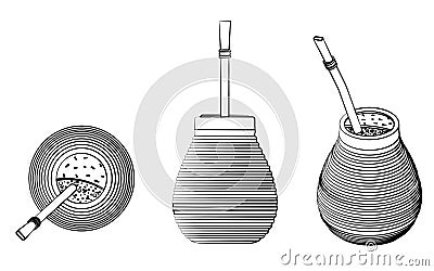 Cuia with Bombilia, water and Yerba mate for terere. Different outline like a brushstrokes. Vector Illustration