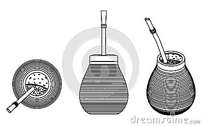 Cuia with Bombilia, water and Yerba mate for terere. Outline only. Vector Illustration
