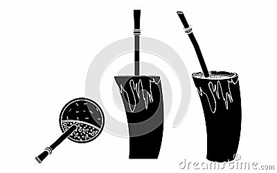 Cuia with water, Bombilia, and Yerba mate for terere. Horn style. Black fill. Vector Illustration