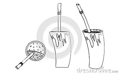 Cuia with water, Bombilia, and Yerba mate for terere. Horn style. Outline like a brushstrokes. Vector Illustration