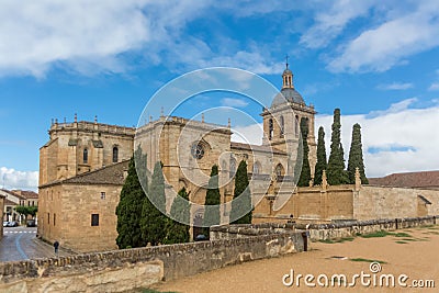 Majestic front view at the iconic spanish Romanesque architecture building at the Cuidad Rodrigo cathedral, towers and domes, Stock Photo