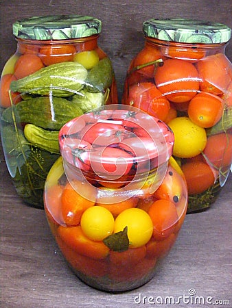 Cuisine of Belarus: tomato and cucumber tradional jars Stock Photo