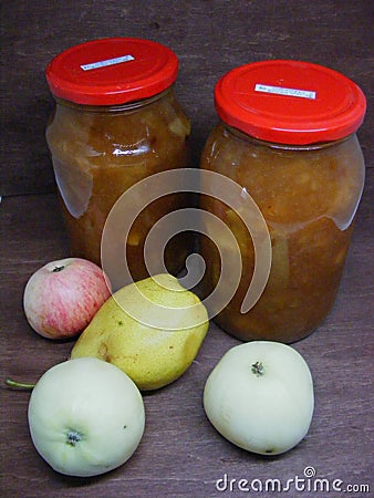 Cuisine of Belarus and traditional russian cuisine: jam of apple in jars Stock Photo