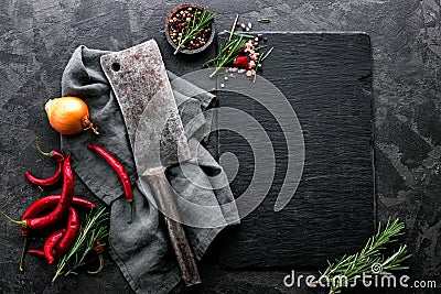 Culinary background with empty black slate board Stock Photo