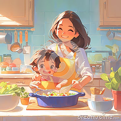 Culinary Bonding: Mother and Child Cooking Together Cartoon Illustration