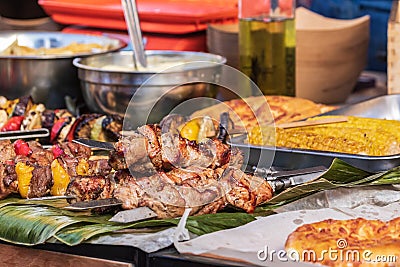 Culinary buffet with a presentation of a variety of healthy food - meat, sausage, grilled vegetables. Stock Photo