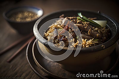 Culinary Delight: A Hearty Bowl of Rice and Meat Garnished with Sesame Seeds and Fresh Vegetables, ai generative Stock Photo