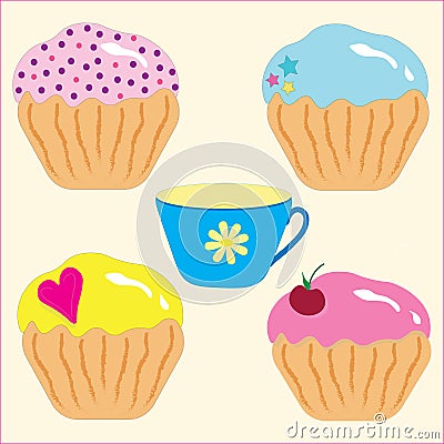 Culinary drawn set of desserts, various cupcakes and a cup of tea, Easter cake Vector Illustration