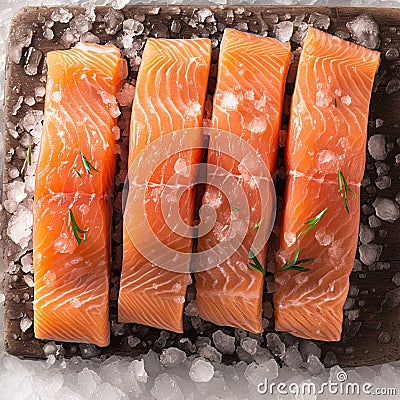 Culinary elegance Salmon fillets portioned on ice, clean kitchen board Stock Photo
