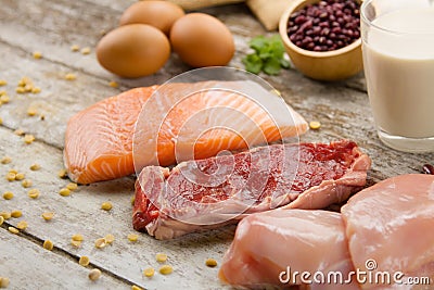 Rich Nutrient food of fish, meat, eggs and milk Stock Photo