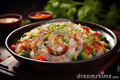 Culinary fusion Chinese inspired dinner, rice combined with fresh vegetables Stock Photo