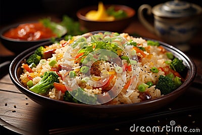 Culinary fusion Chinese inspired dinner, rice combined with fresh vegetables Stock Photo