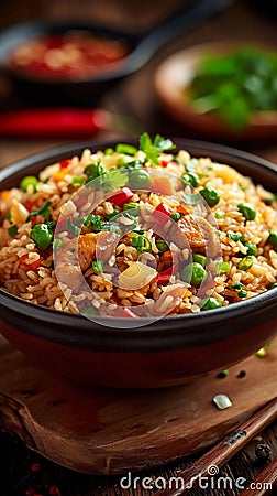 Culinary fusion Chinese inspired dinner, rice combined with fresh vegetables Stock Photo