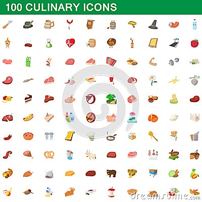 100 culinary icons set, cartoon style Vector Illustration