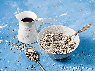 Culinary Lavender syrup and flowers Stock Photo