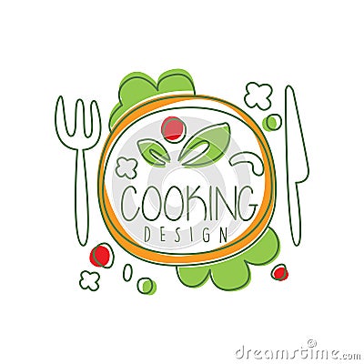 Culinary logo original design with top view dinner dish and lettering. Creative label for cafe or restaurant card, menu Vector Illustration