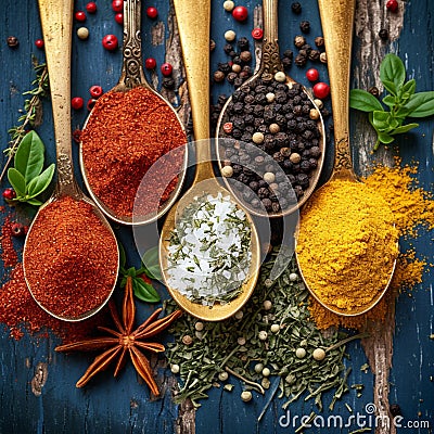 Culinary medley Milled spices on golden spoons, top view Stock Photo