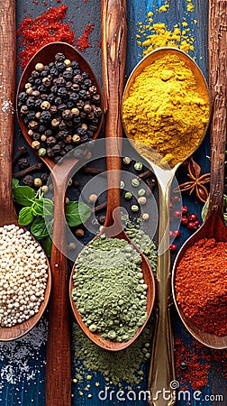 Culinary medley Milled spices on golden spoons, top view Stock Photo