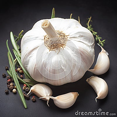 Culinary necessity White garlic showcased on a black backdrop Stock Photo