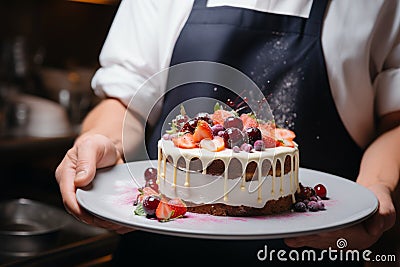 Culinary opulence expertly crafted mousse cake in the chefs hands Stock Photo