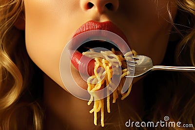 Culinary pleasure: woman's mouth savors Italian spaghetti Stock Photo