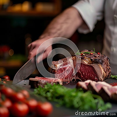 Culinary precision Chef expertly cutting a large piece of beef Stock Photo