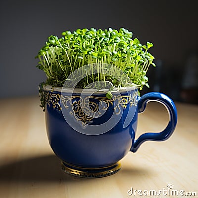 Culinary prep Dark blue cup holds home bred green cress Stock Photo