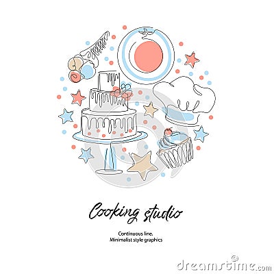 Culinary products and cooking utensils. Cupcakes, plates, spoons, cook hat. Vector Illustration