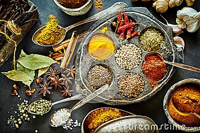 Culinary still life of assorted Asian spices Stock Photo