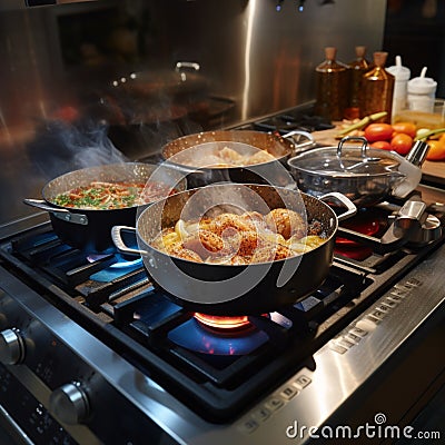 Culinary symphony Pots simmer with cooking food on a gas stove Stock Photo
