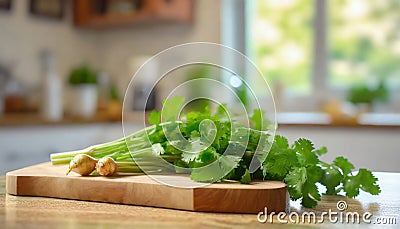 A selection of fresh herbs: coriander leaves, sitting on a chopping board against blurred kitchen background copy space Stock Photo