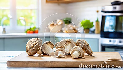 A selection of fresh vegetable: maitake mushroom, sitting on a chopping board against blurred kitchen background copy space Stock Photo