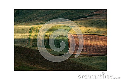 Cultivated farm fields above view. Artistic photo bringing good luck Stock Photo