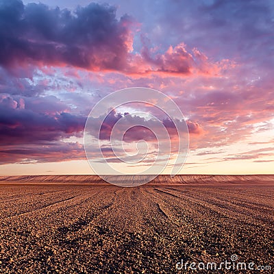 Cultivated land and cloud formations at sunset Stock Photo