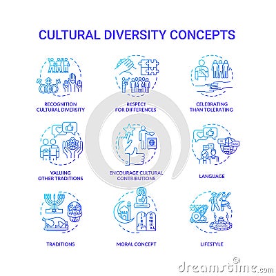 Cultural diversity blue gradient concept icons set Vector Illustration