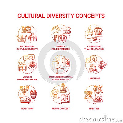 Cultural diversity concept red icons set Vector Illustration