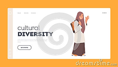 Cultural Diversity Landing Page Template. Arab Schoolgirl Wear National Dress and Rucksack Go School. Arabic Student Vector Illustration